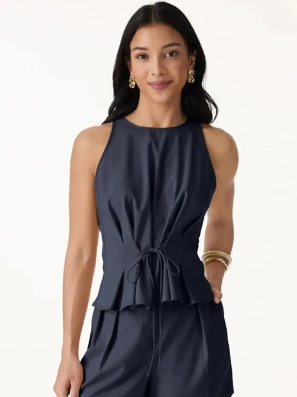 NWT OGL Summer Linen Pleated Self-Tie Peplum Top Universe Navy L